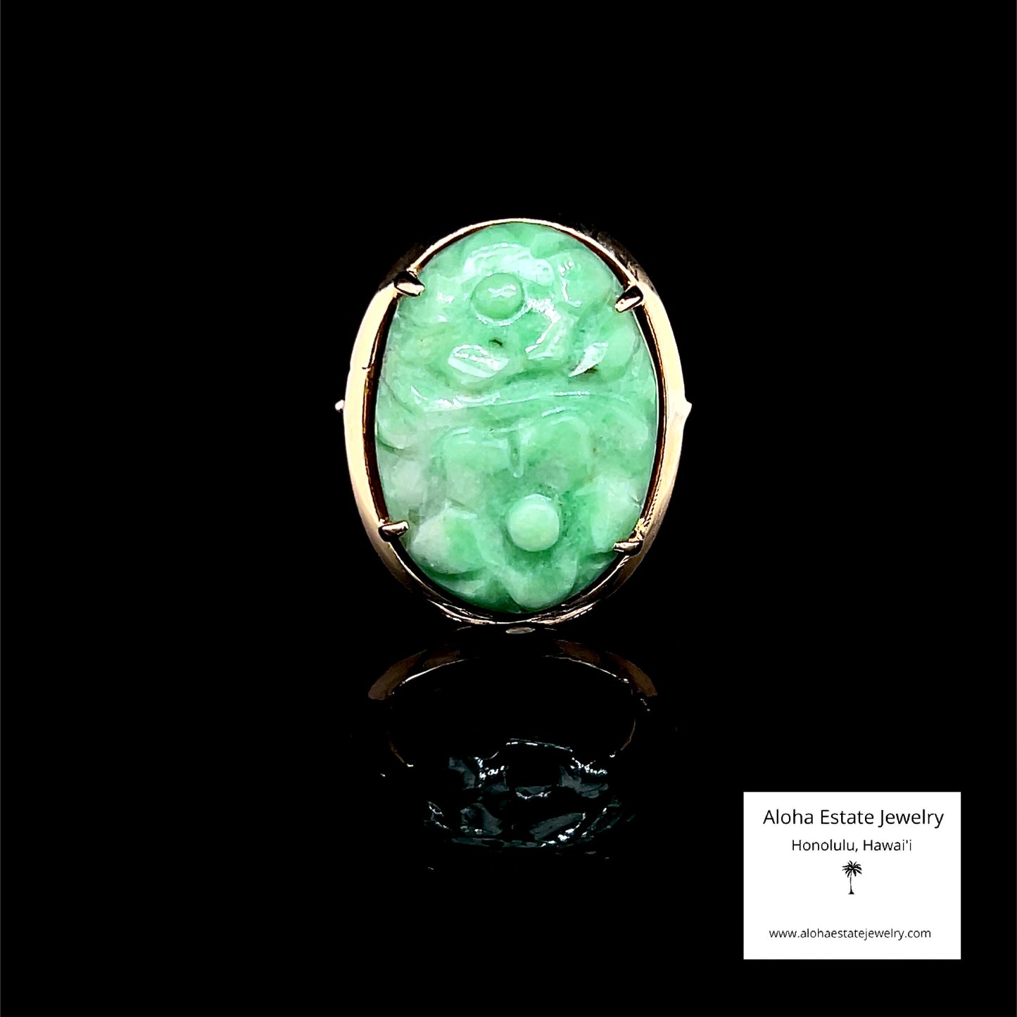 Vintage Floral Hand Carved Jadeite Ring in 14K