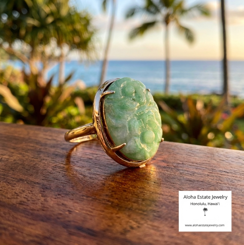 Vintage Floral Hand Carved Jadeite Ring in 14K