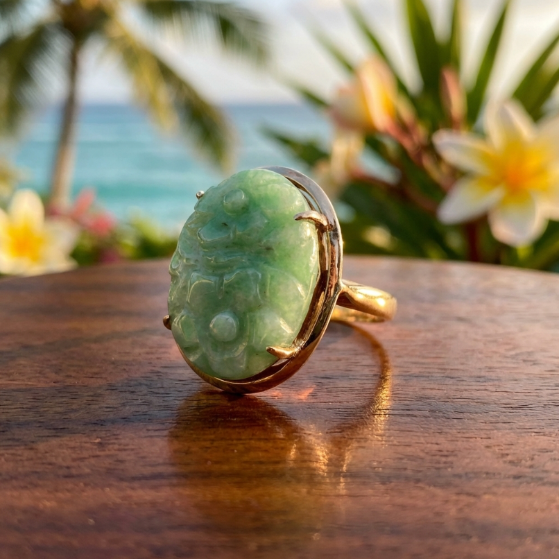 Vintage Floral Hand Carved Jadeite Ring in 14K