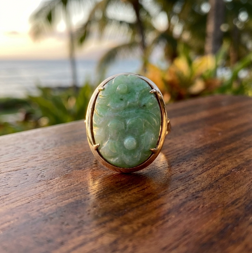 Vintage Floral Hand Carved Jadeite Ring in 14K