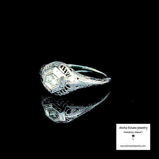 Estate Edwardian Inspired 14K White Gold Ring With Diamond Solitaire