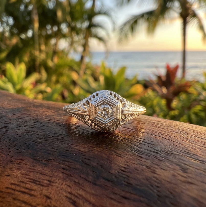 Estate Edwardian Inspired 14K White Gold Ring With Diamond Solitaire
