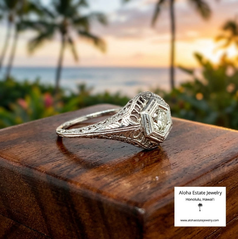 Estate Edwardian Inspired 14K White Gold Ring With Diamond Solitaire