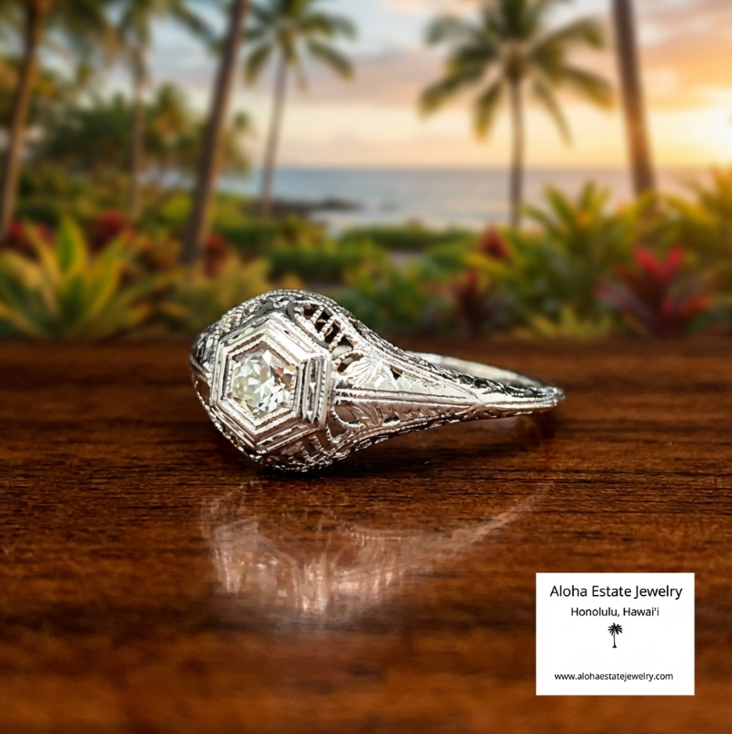 Estate Edwardian Inspired 14K White Gold Ring With Diamond Solitaire