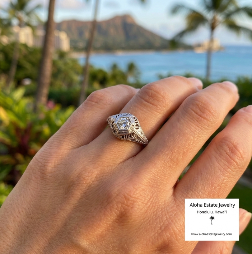 Estate Edwardian Inspired 14K White Gold Ring With Diamond Solitaire