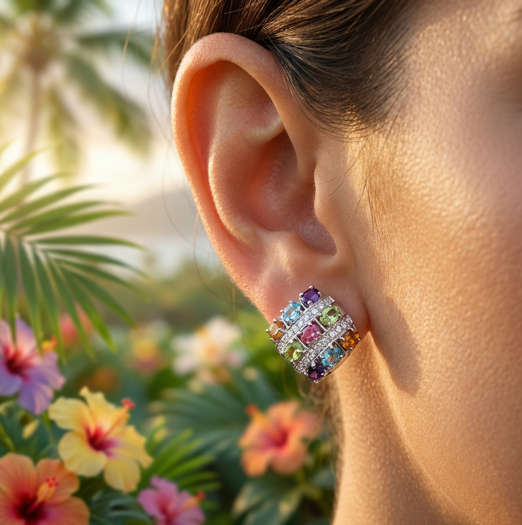 Estate 14K White Gold Multi-Gem Earrings