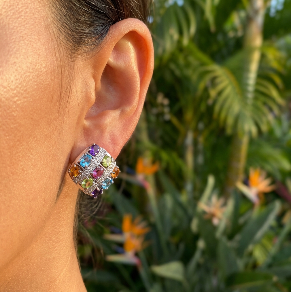 Estate 14K White Gold Multi-Gem Earrings