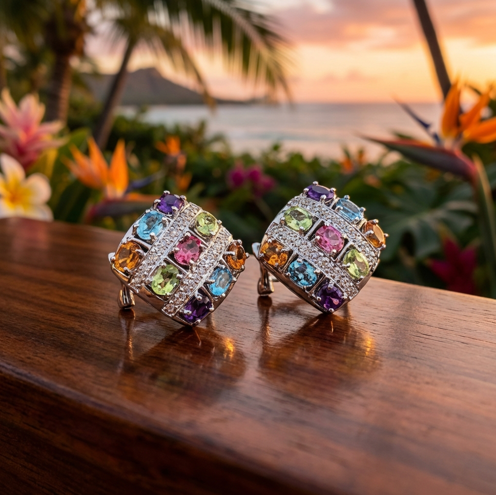 Estate 14K White Gold Multi-Gem Earrings