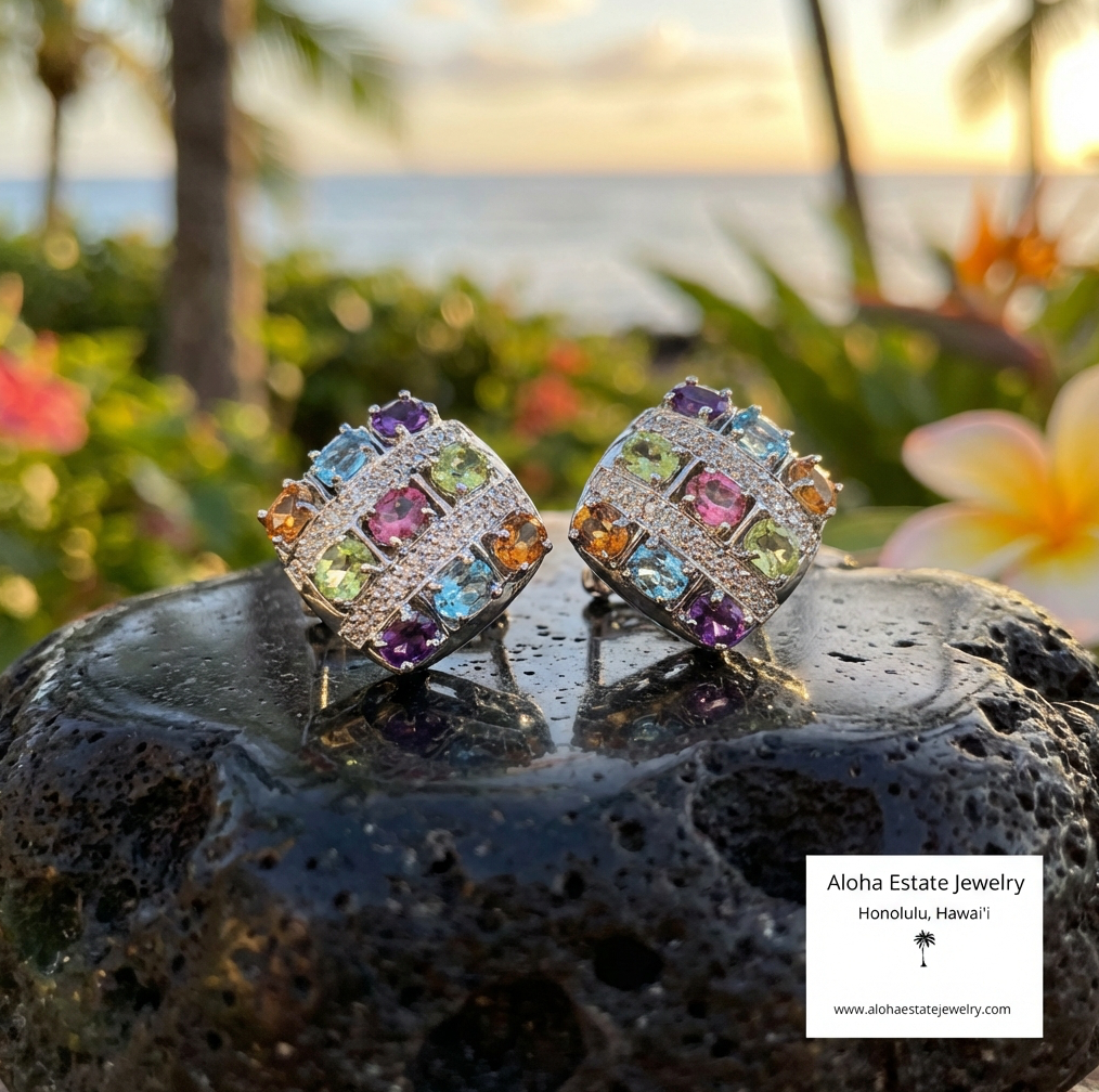 Estate 14K White Gold Multi-Gem Earrings