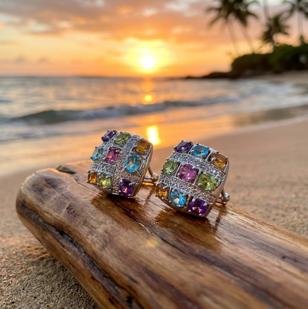 Estate 14K White Gold Multi-Gem Earrings