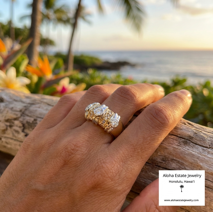 Estate 14K 3/4-Carat 3-Diamond Ring in Byzantine Style