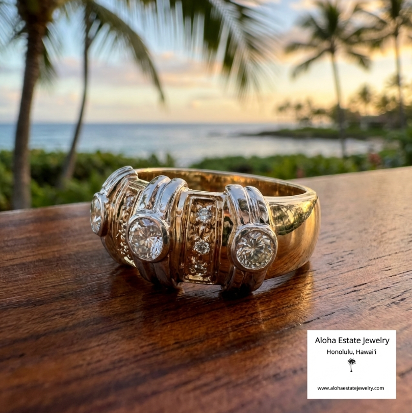 Estate 14K 3/4-Carat 3-Diamond Ring in Byzantine Style