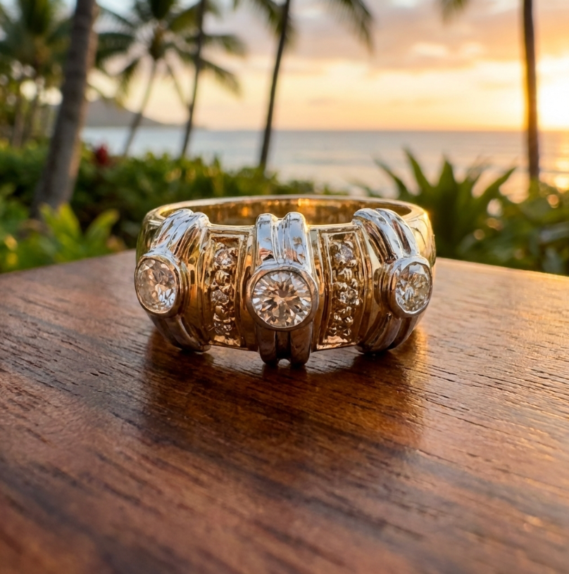 Estate 14K 3/4-Carat 3-Diamond Ring in Byzantine Style