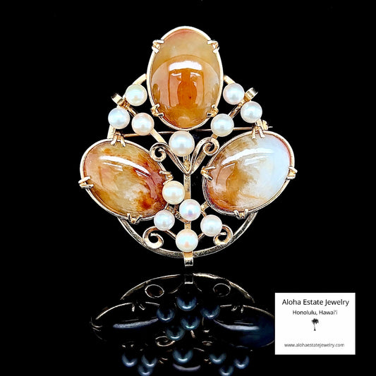 Vintage Ming's of Honolulu 14K Pearls & Jade Pendant or Pin