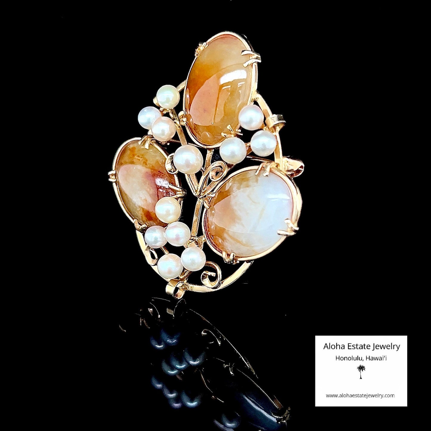 Vintage Ming's of Honolulu 14K Pearls & Jade Pendant or Pin