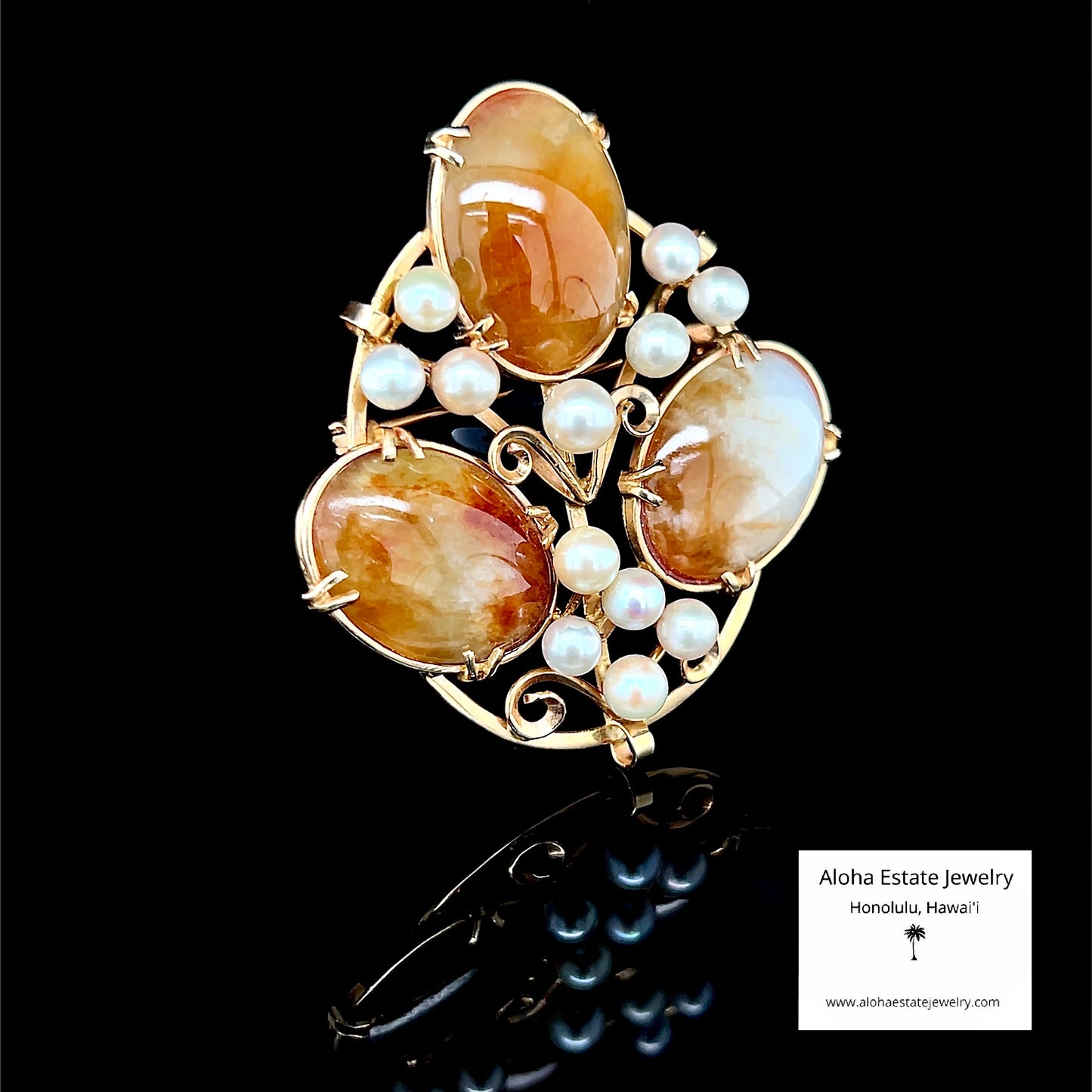 Vintage Ming's of Honolulu 14K Pearls & Jade Pendant or Pin