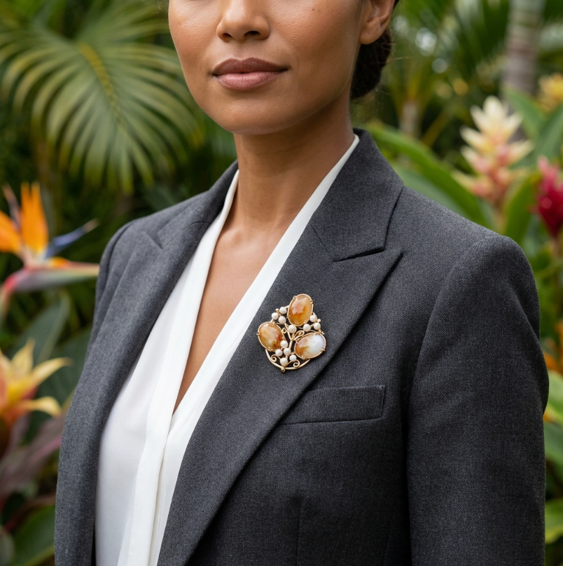 Vintage Ming's of Honolulu 14K Pearls & Jade Pendant or Pin