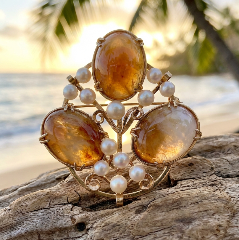 Vintage Ming's of Honolulu 14K Pearls & Jade Pendant or Pin