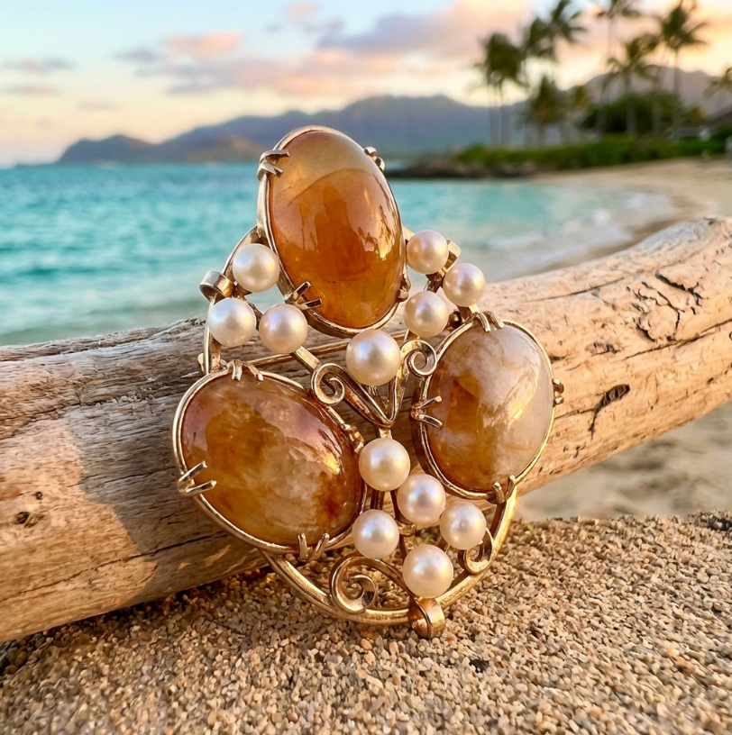 Vintage Ming's of Honolulu 14K Pearls & Jade Pendant or Pin