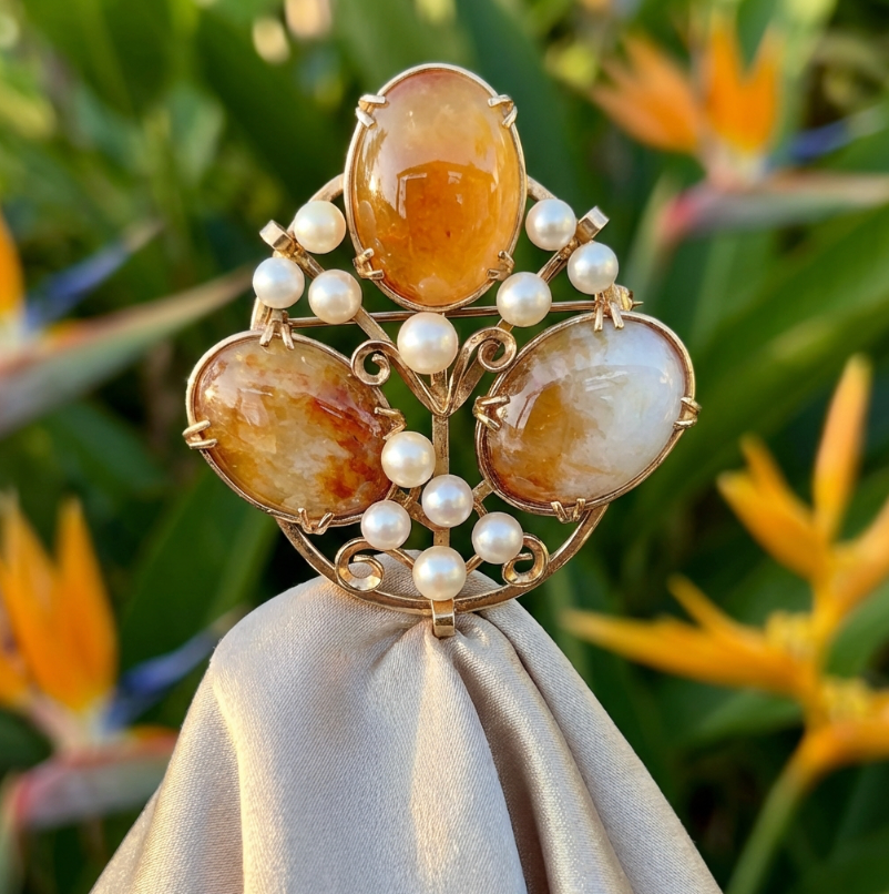 Vintage Ming's of Honolulu 14K Pearls & Jade Pendant or Pin