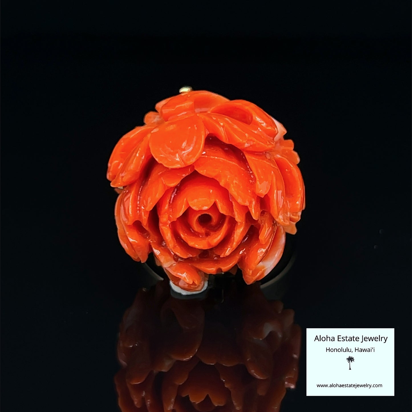 Antique Carved Red Coral Peony Flower Ring 14K Gold