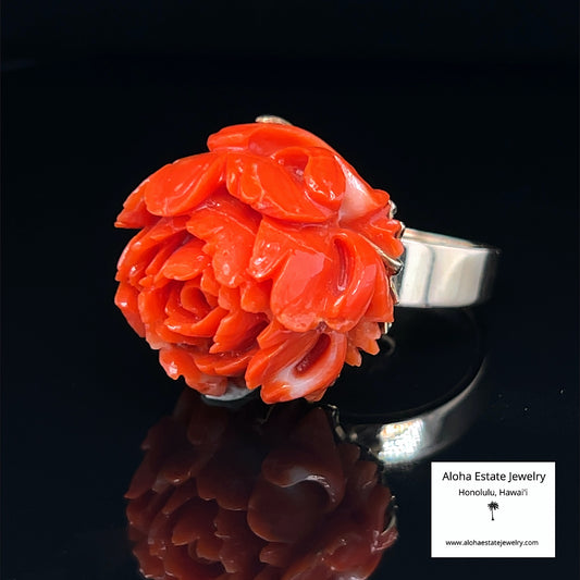 Antique Carved Red Coral Peony Flower Ring 14K Gold