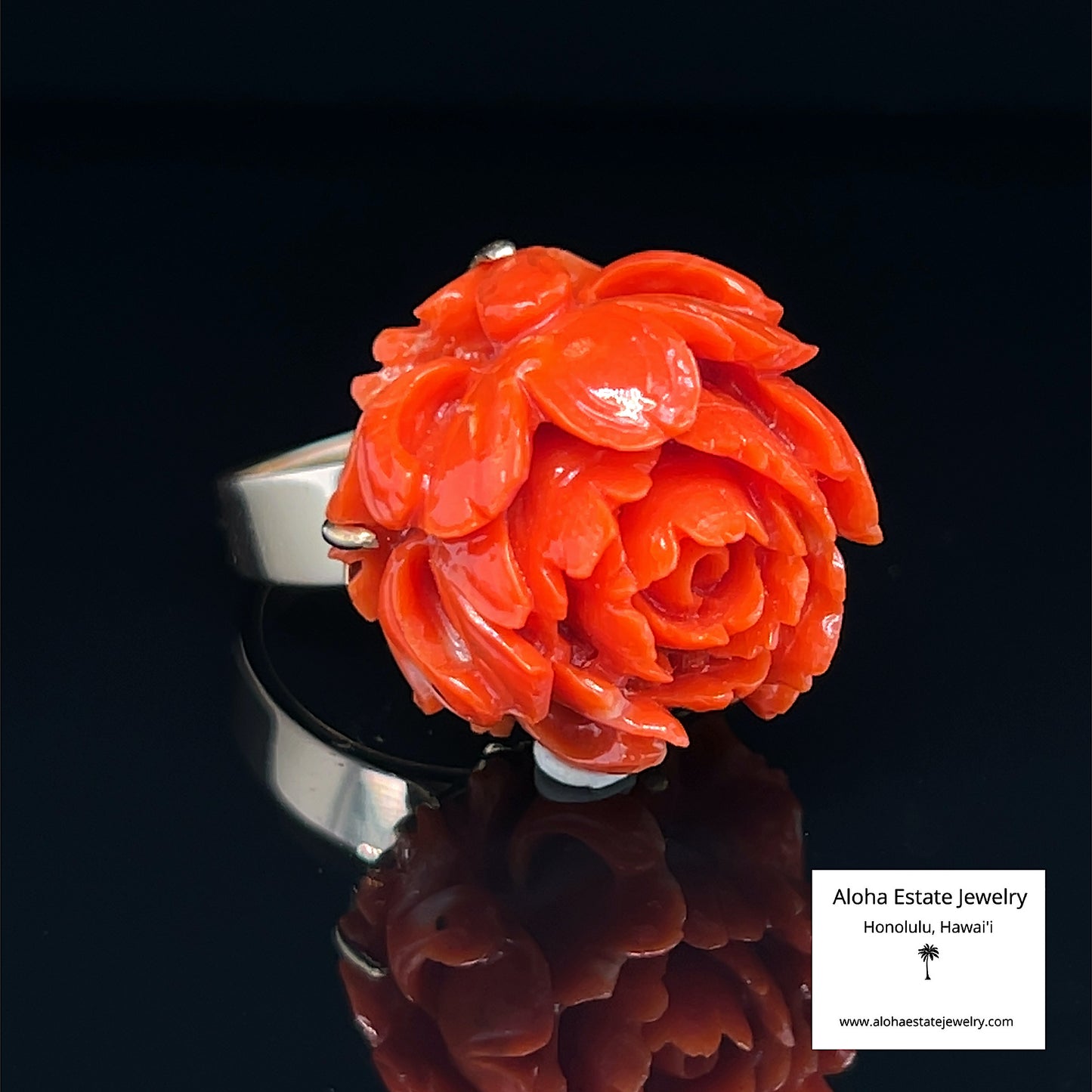 Antique Carved Red Coral Peony Flower Ring 14K Gold