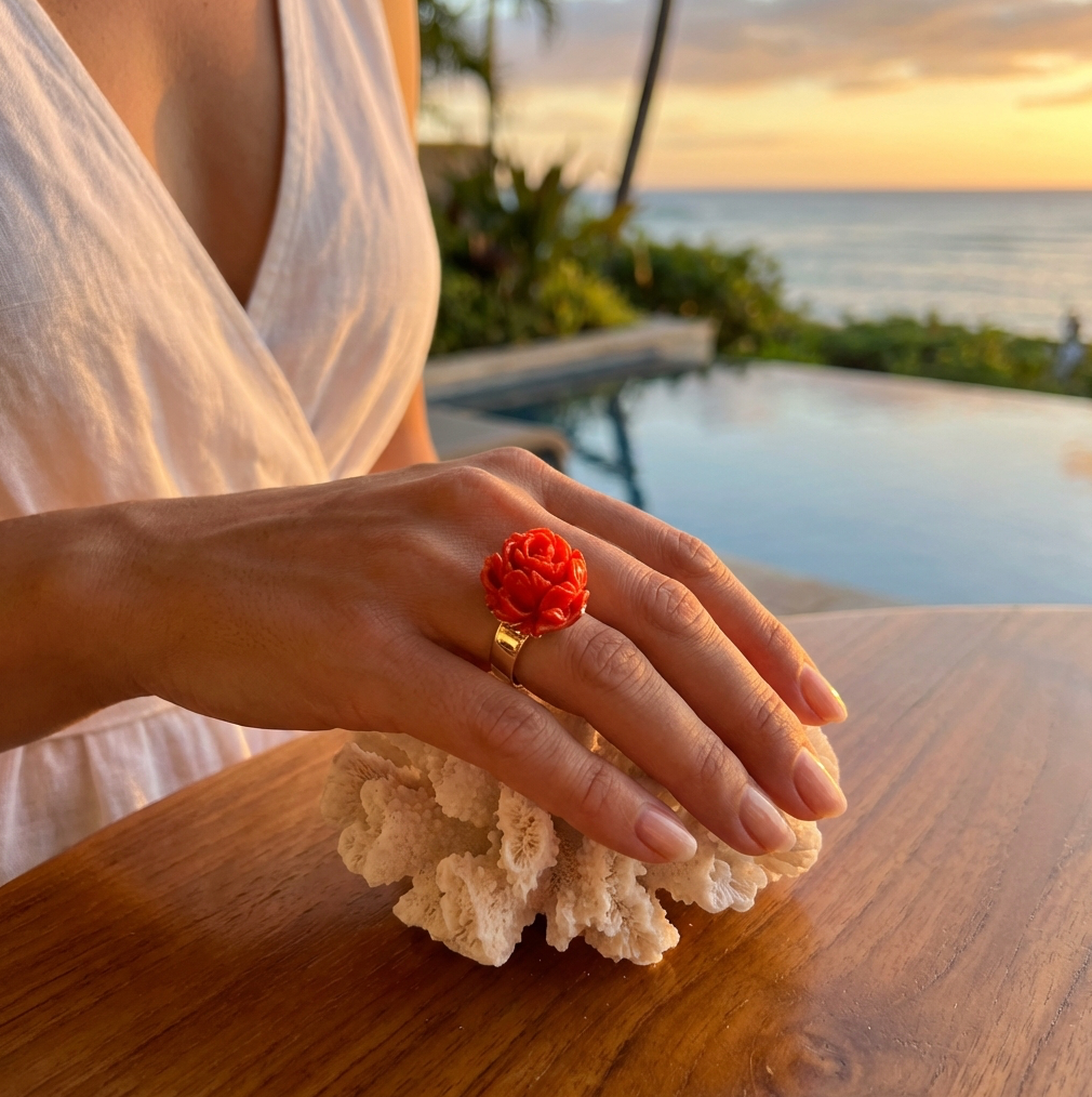 Antique Carved Red Coral Peony Flower Ring 14K Gold