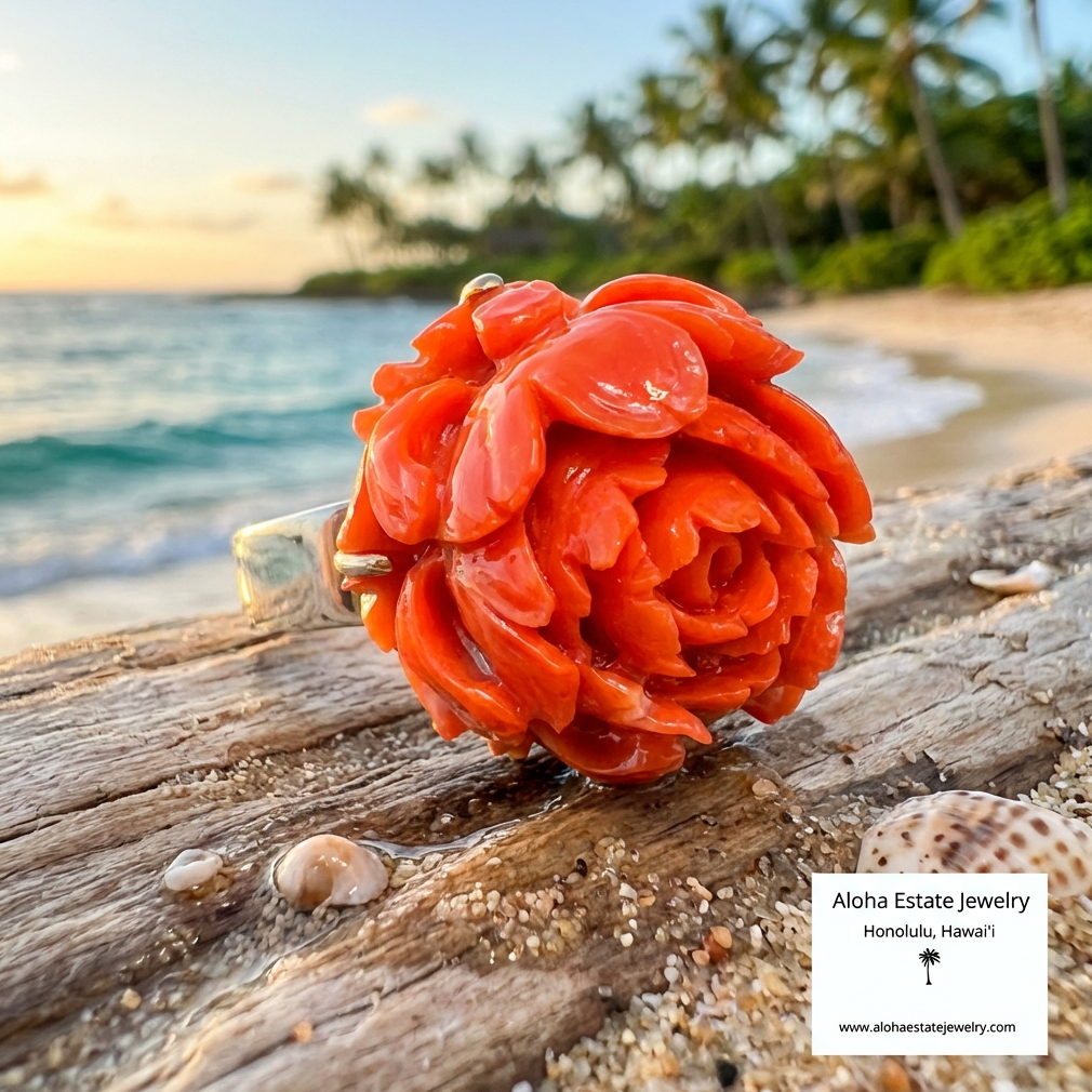 Antique Carved Red Coral Peony Flower Ring 14K Gold