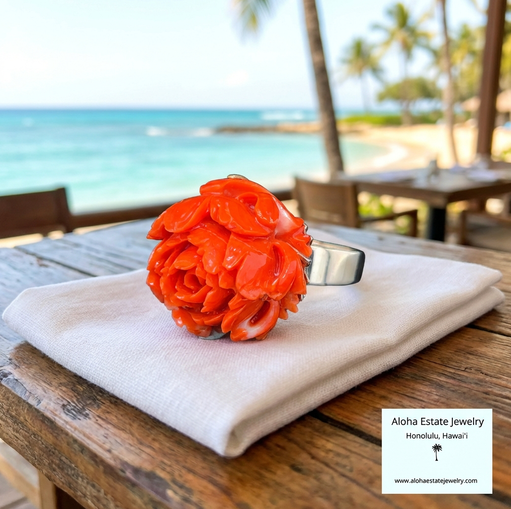 Antique Carved Red Coral Peony Flower Ring 14K Gold