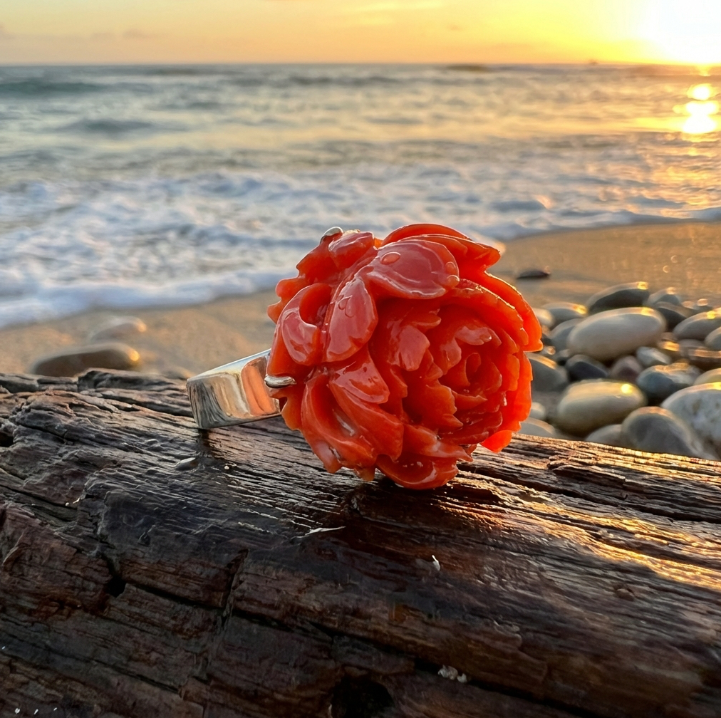 Antique Carved Red Coral Peony Flower Ring 14K Gold