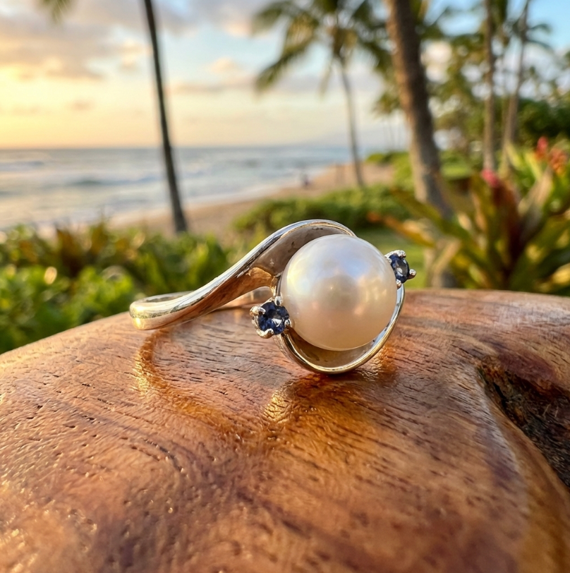 Estate 14k Akoya Pearl Ring & Spinel Accents