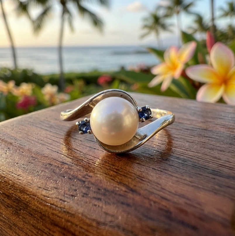 Estate 14k Akoya Pearl Ring & Spinel Accents