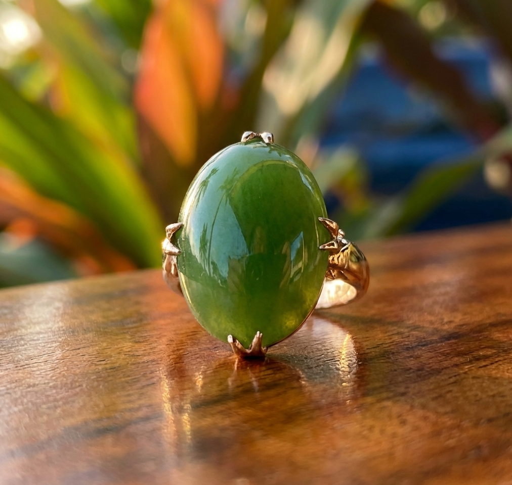Vintage 18K 6-Carat Jade Cabochon in Pierced & Carved Gallery