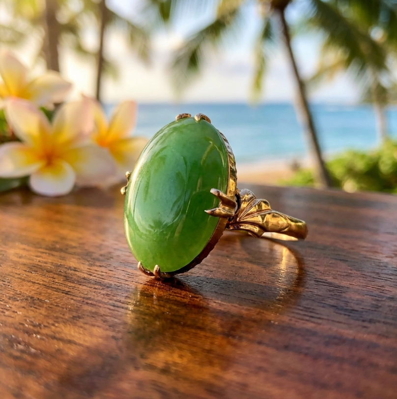Vintage 18K 7-Carats Jade Cabochon Ring in Basket Setting