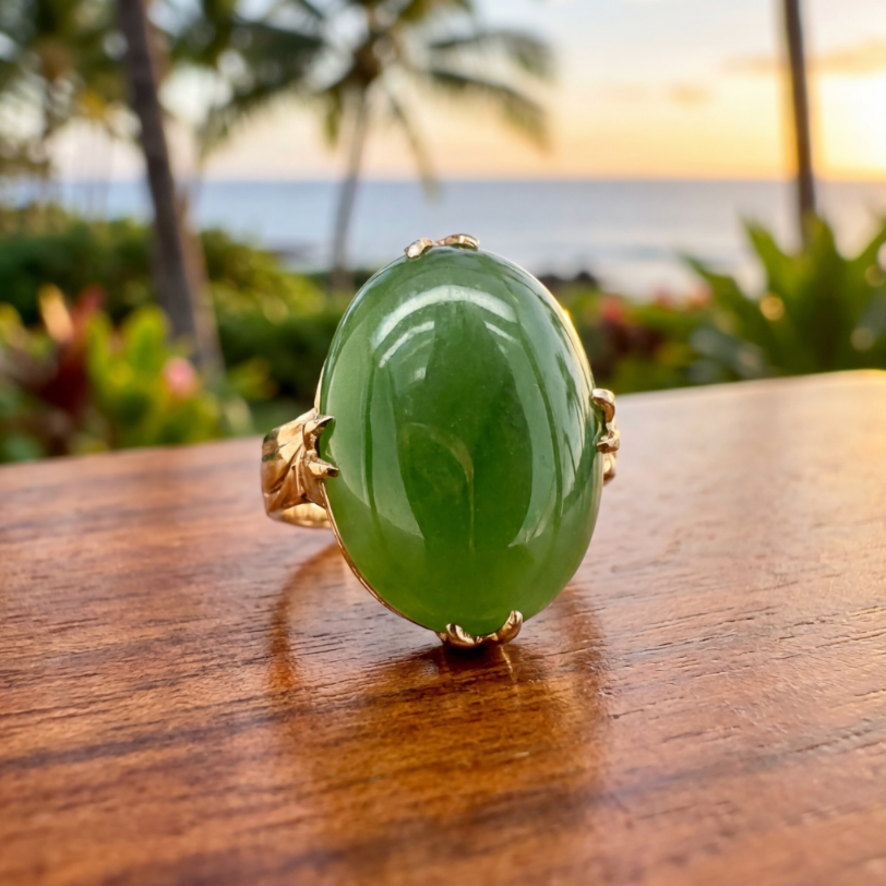 Vintage 18K 7-Carats Jade Cabochon Ring in Basket Setting