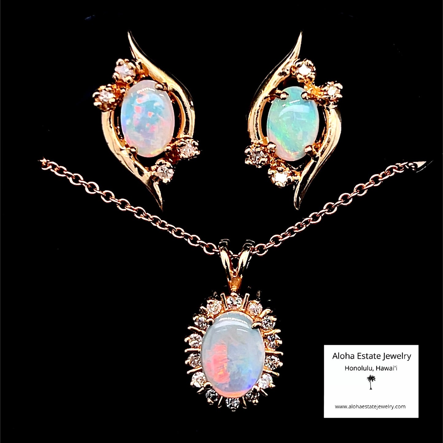 Vintage Opal and Diamond Set - Pendant, Chain, and Earrings