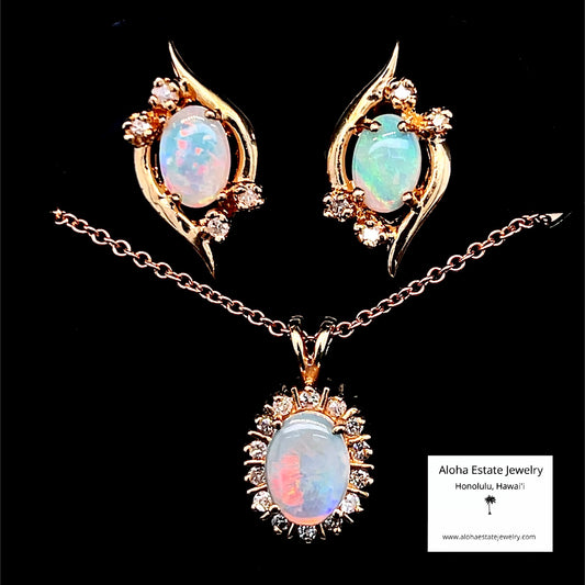 Vintage Opal and Diamond Set - Pendant, Chain, and Earrings