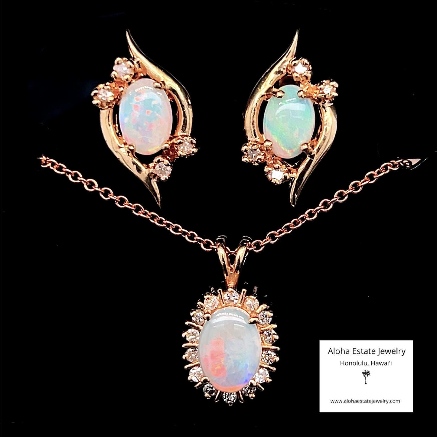 Vintage Opal and Diamond Set - Pendant, Chain, and Earrings