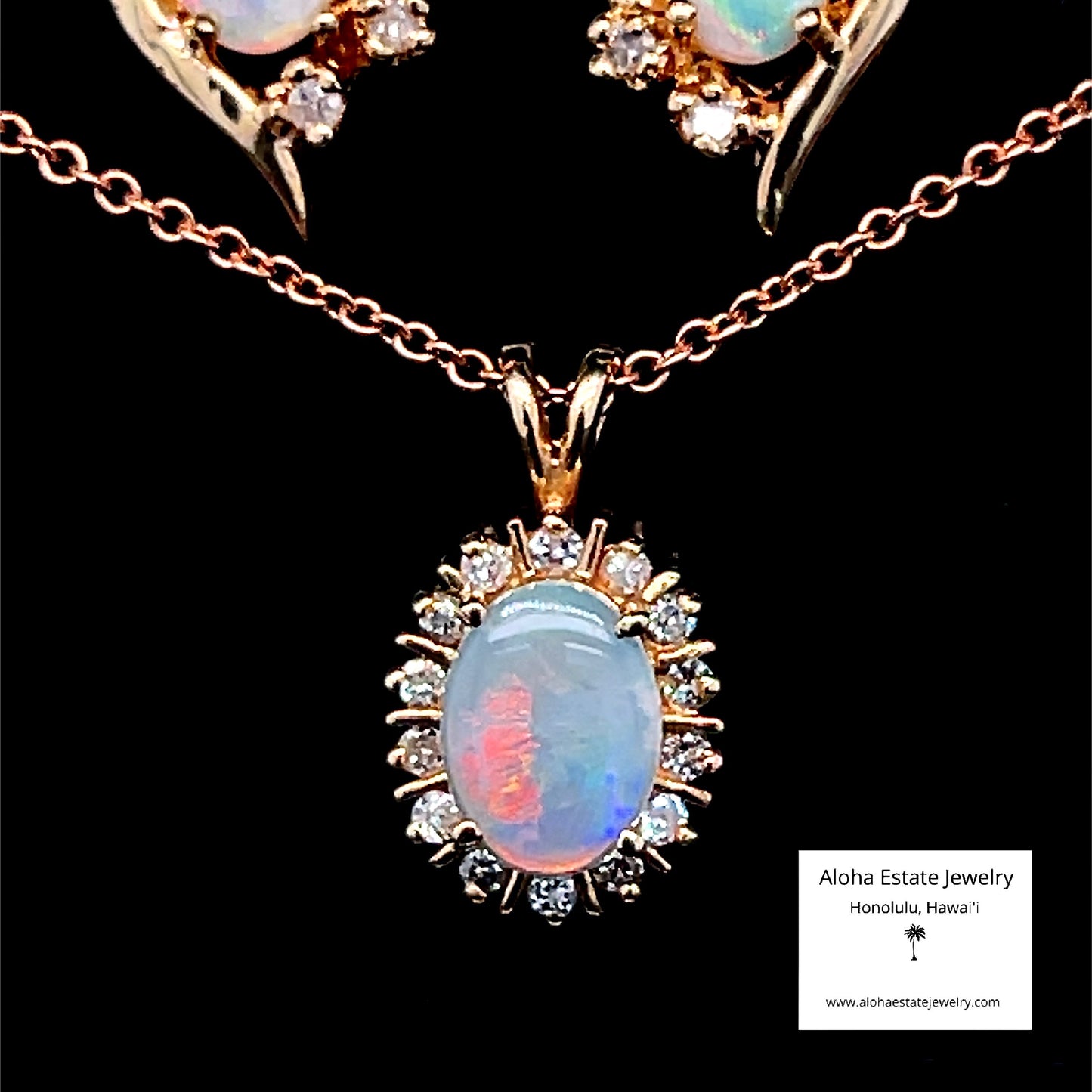 Vintage Opal and Diamond Set - Pendant, Chain, and Earrings