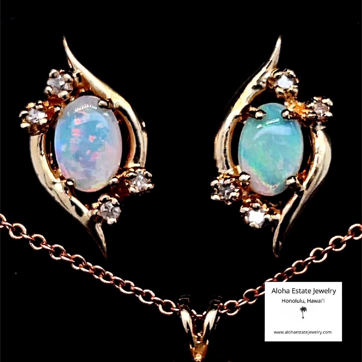 Vintage Opal and Diamond Set - Pendant, Chain, and Earrings