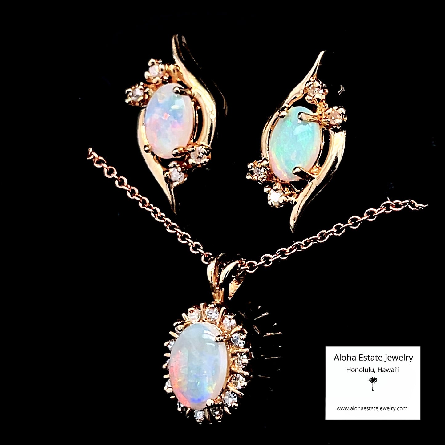 Vintage Opal and Diamond Set - Pendant, Chain, and Earrings