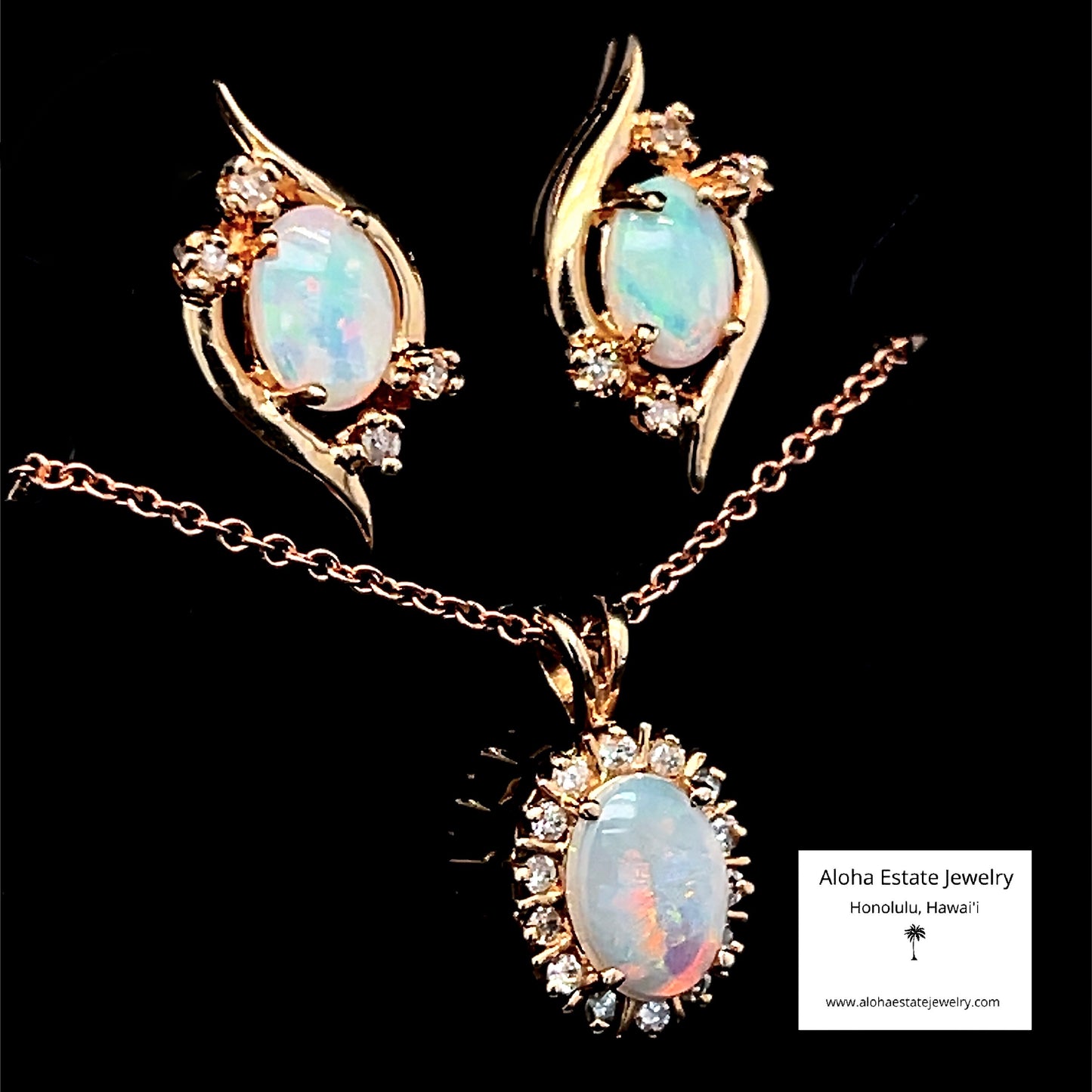 Vintage Opal and Diamond Set - Pendant, Chain, and Earrings