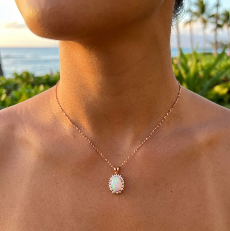 Vintage Opal and Diamond Set - Pendant, Chain, and Earrings