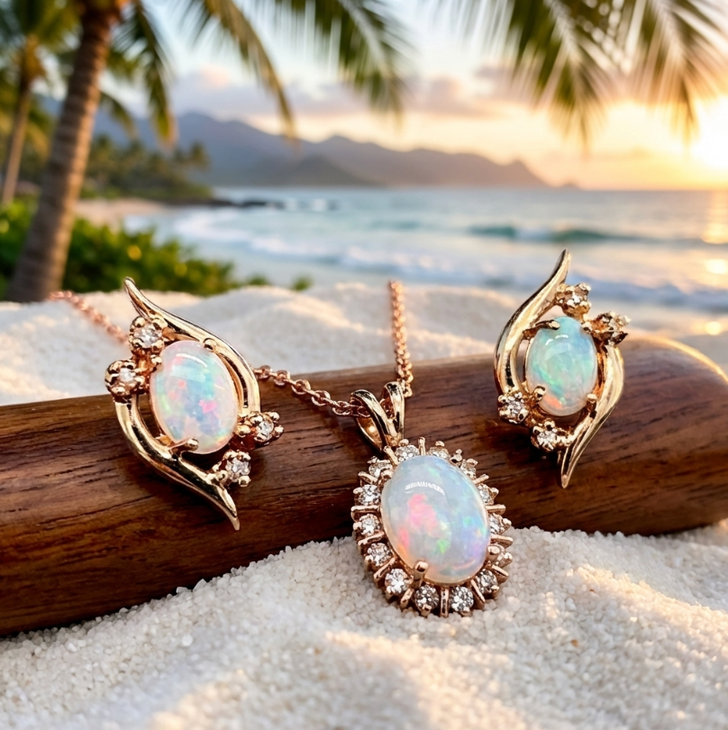 Vintage Opal and Diamond Set - Pendant, Chain, and Earrings
