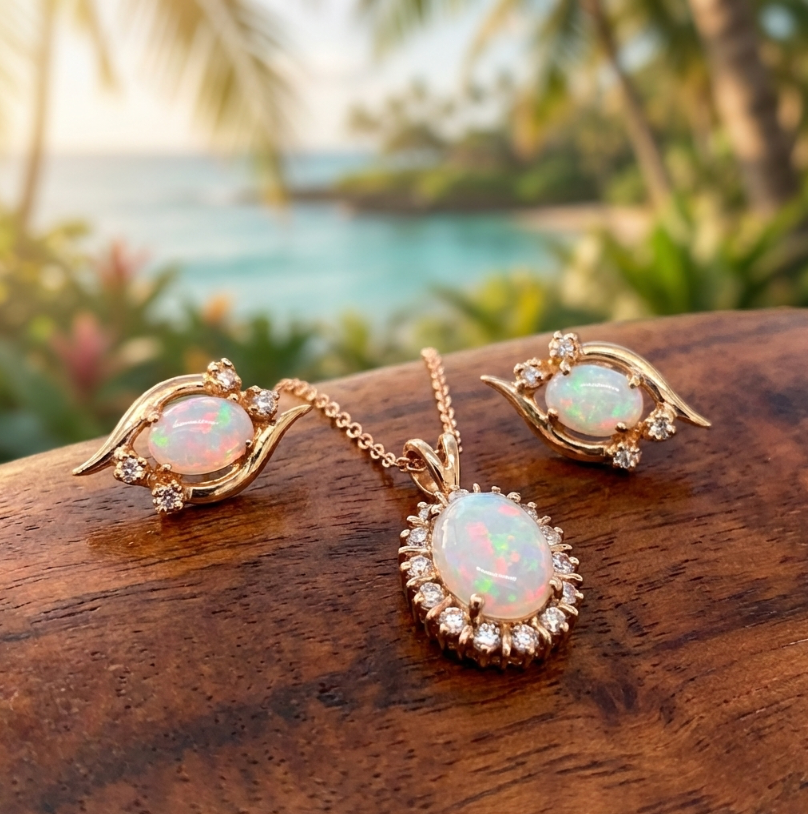 Vintage Opal and Diamond Set - Pendant, Chain, and Earrings