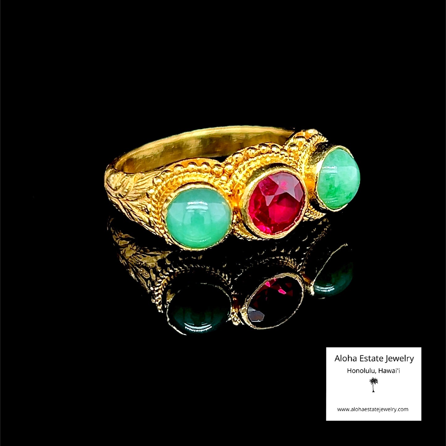 Antique Chinese Solid 24K Gold Ruby And Jadeite Ring