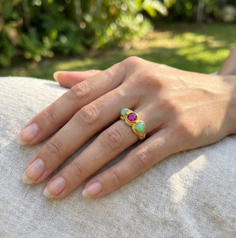 Antique Chinese Solid 24K Gold Ruby And Jadeite Ring