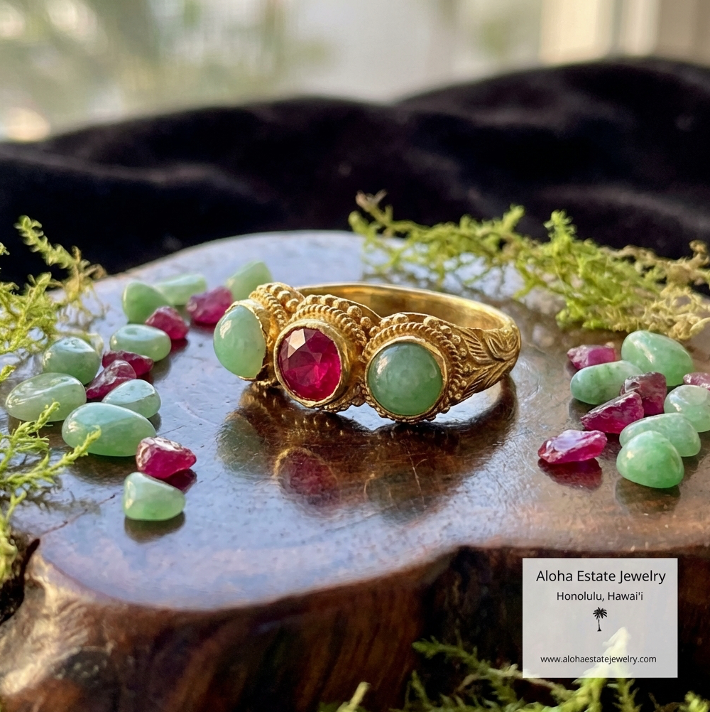 Antique Chinese Solid 24K Gold Ruby And Jadeite Ring