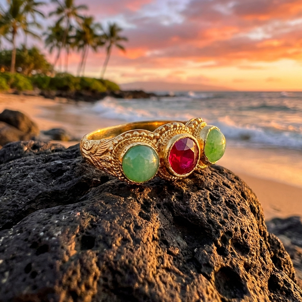 Antique Chinese Solid 24K Gold Ruby And Jadeite Ring